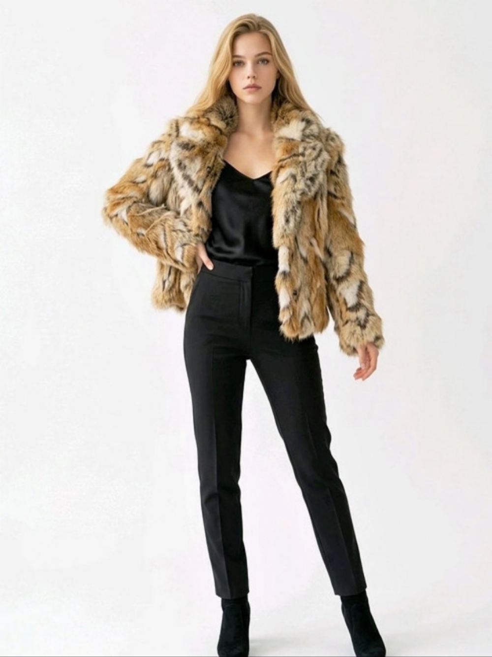 Faux Fur Lynx Animal Print Jacket Plush Cropped Statement Coat Medium